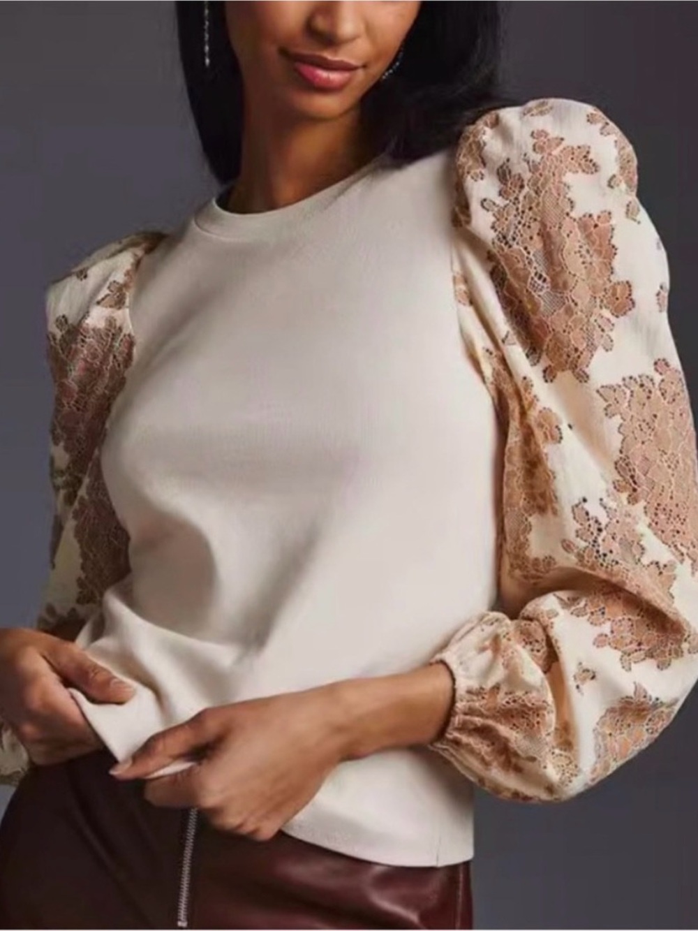 dolan for anthropologie Cream Knit Sweatshirt with Tan Lace Puff Sleeves‎